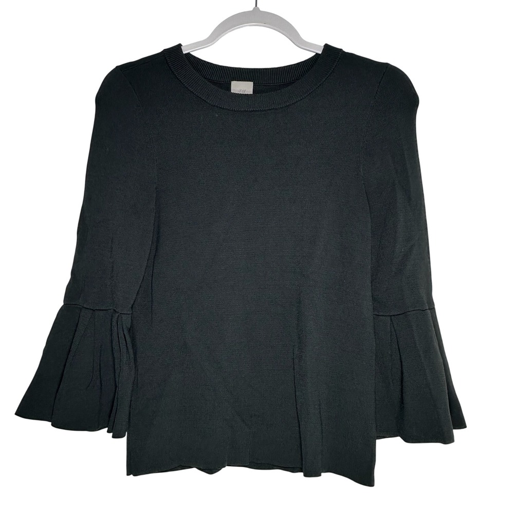 HM Black‎ Bell Sleeve Knit Sweater Crew Neck Viscose Blend XS